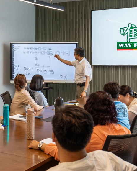 Wally Poon with his team giving a presentation in the boardroom